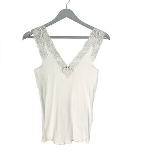 POLO RALPH LAUREN Tank Top White Lace Trim V-Neck Ribbed Cotton Size Medium